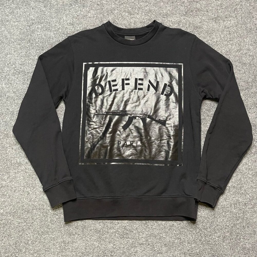 Defend Paris Mens Fleece Sweatshirt Black Crew Neck Long Sleeve Streetwear M